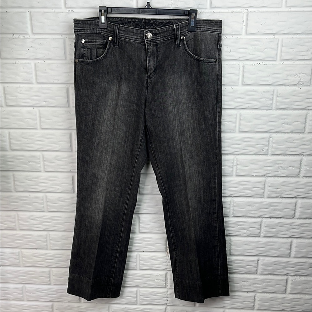 TOMMY HILFIGER BLACK GRAY EMBROIDERED POCKET DENIM JEANS Straight Leg Sz 14